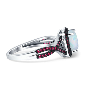 Halo Cushion Infinity Twist Side Stone Ruby CZ Fashion Ring Lab Created White Opal 925 Sterling Silver Wholesale